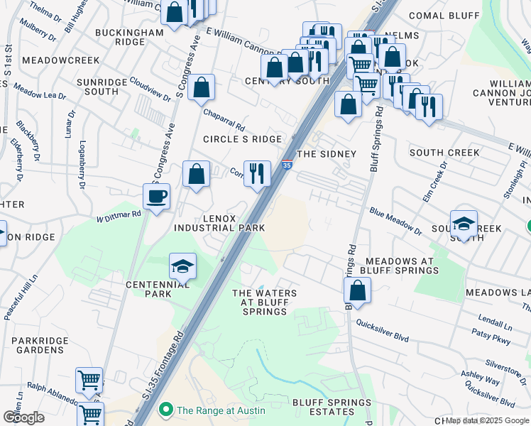 map of restaurants, bars, coffee shops, grocery stores, and more near 7591 North Interstate 35 Frontage Road in Austin