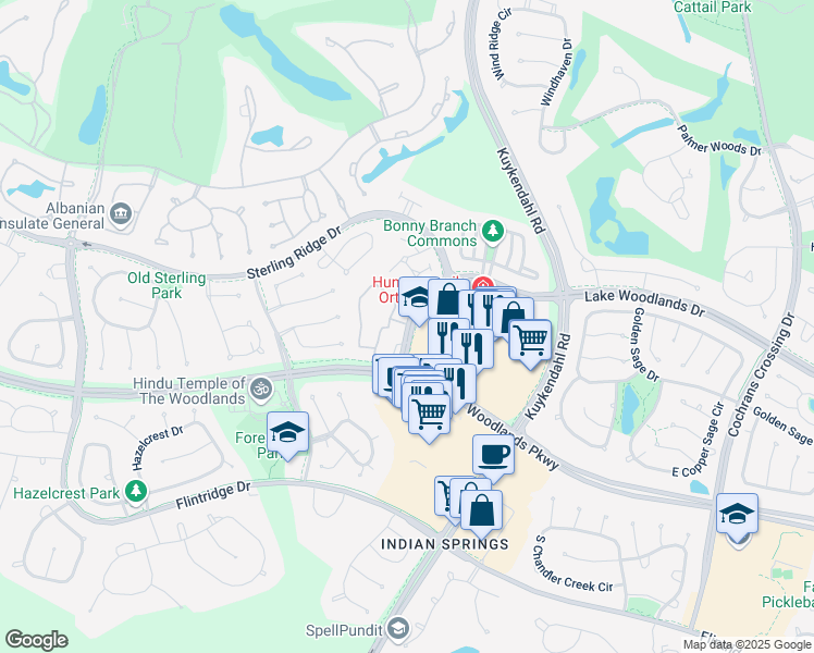 map of restaurants, bars, coffee shops, grocery stores, and more near 6912 Lake Woodlands Drive in Spring