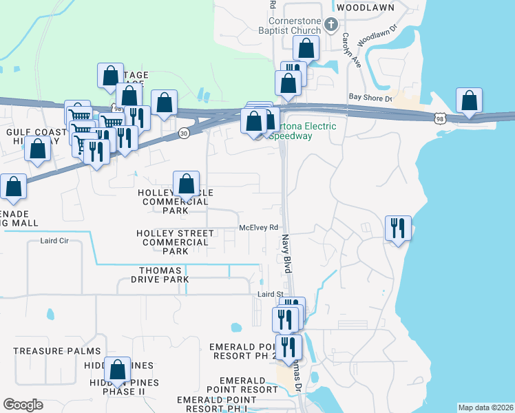 map of restaurants, bars, coffee shops, grocery stores, and more near 7227 Quail Hollow Drive in Panama City Beach