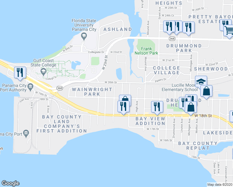 map of restaurants, bars, coffee shops, grocery stores, and more near 1902 Moates Avenue in Panama City