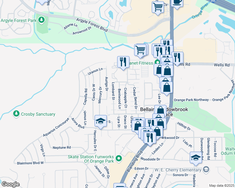 map of restaurants, bars, coffee shops, grocery stores, and more near 464 Bentwood Lane in Orange Park