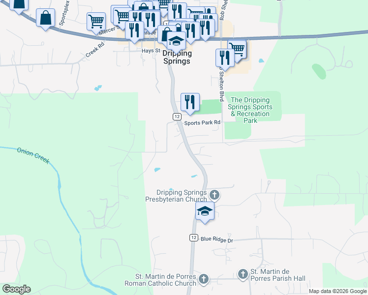 map of restaurants, bars, coffee shops, grocery stores, and more near 111 A B Chestnut Ridge in Dripping Springs