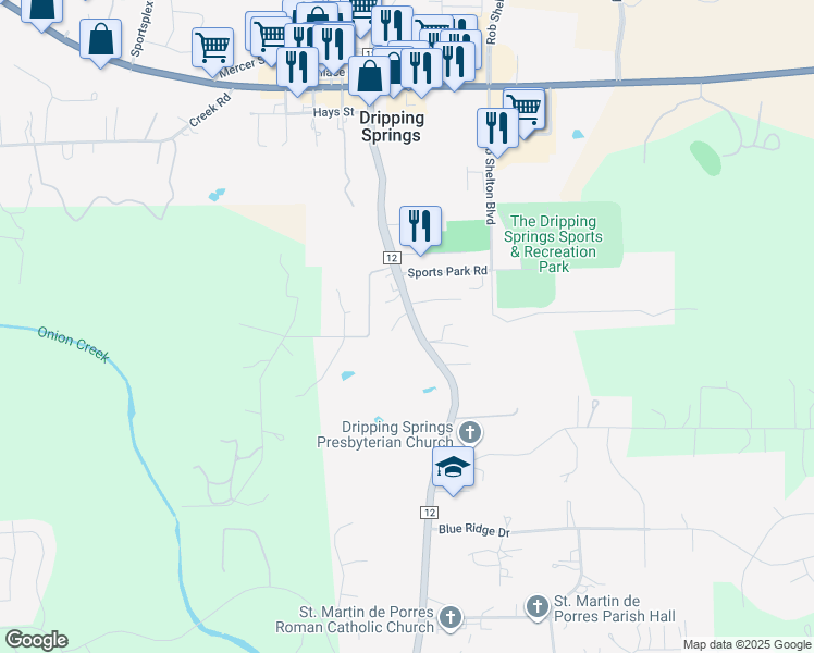 map of restaurants, bars, coffee shops, grocery stores, and more near 101 Chestnut Ridge in Dripping Springs