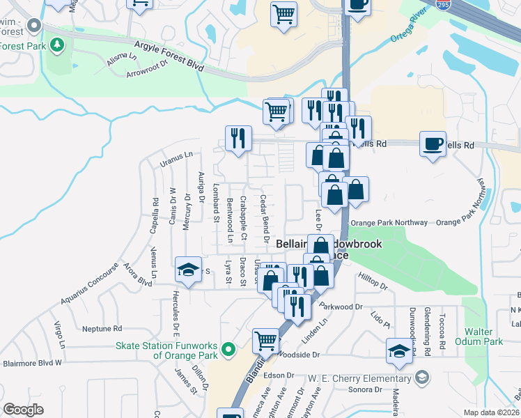 map of restaurants, bars, coffee shops, grocery stores, and more near 1959 Swallow Run East in Orange Park