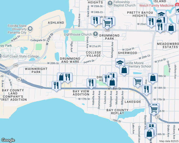map of restaurants, bars, coffee shops, grocery stores, and more near 1906 Grant Avenue in Panama City