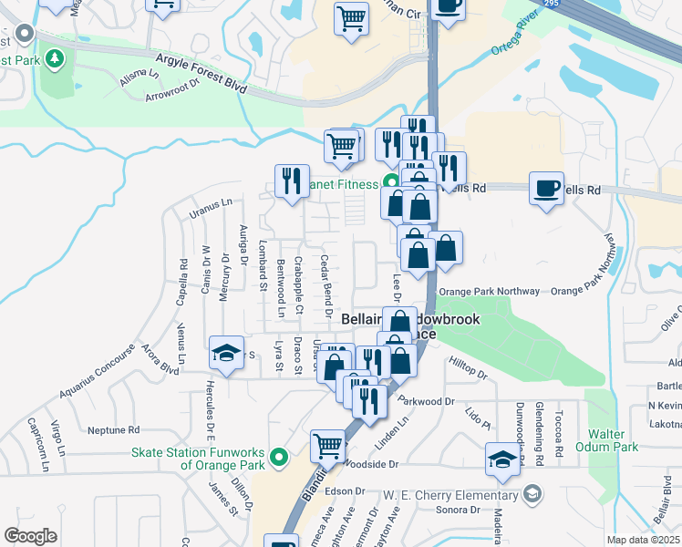 map of restaurants, bars, coffee shops, grocery stores, and more near 1955 Blue Bird Run East in Orange Park