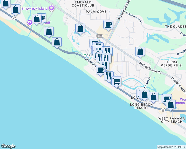 map of restaurants, bars, coffee shops, grocery stores, and more near 11211 Front Beach Road in Panama City Beach