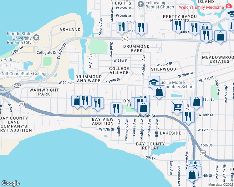 map of restaurants, bars, coffee shops, grocery stores, and more near 3904 West 19th Street in Panama City