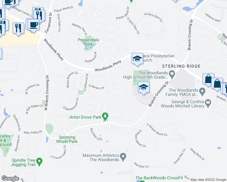 map of restaurants, bars, coffee shops, grocery stores, and more near 15 Jewelsford Court in Spring