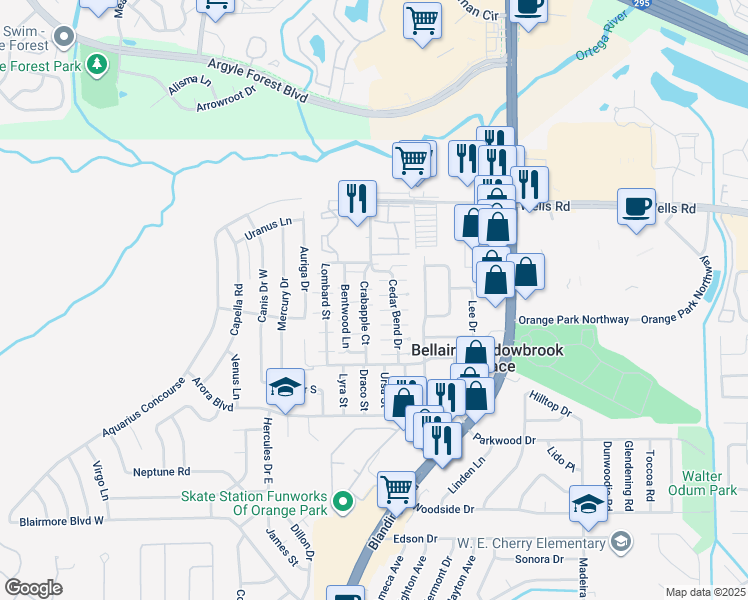 map of restaurants, bars, coffee shops, grocery stores, and more near 465 Crabapple Court in Orange Park