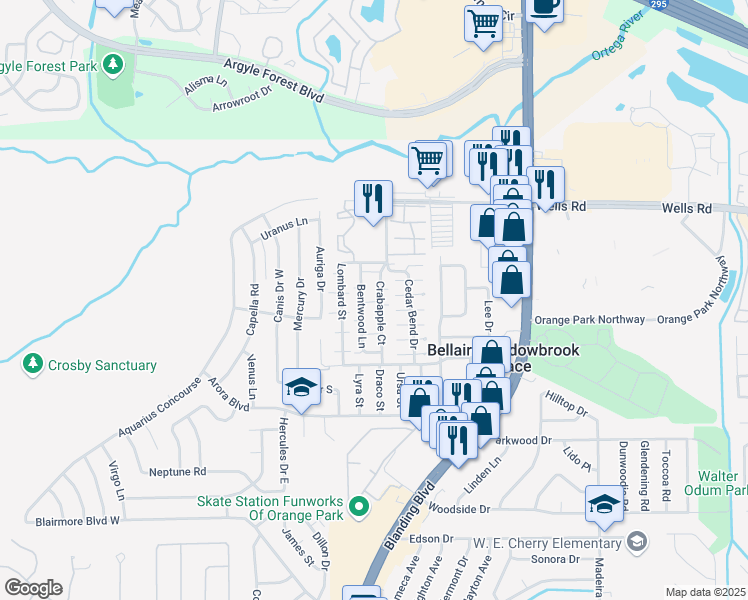 map of restaurants, bars, coffee shops, grocery stores, and more near 465 Crabapple Court in Orange Park