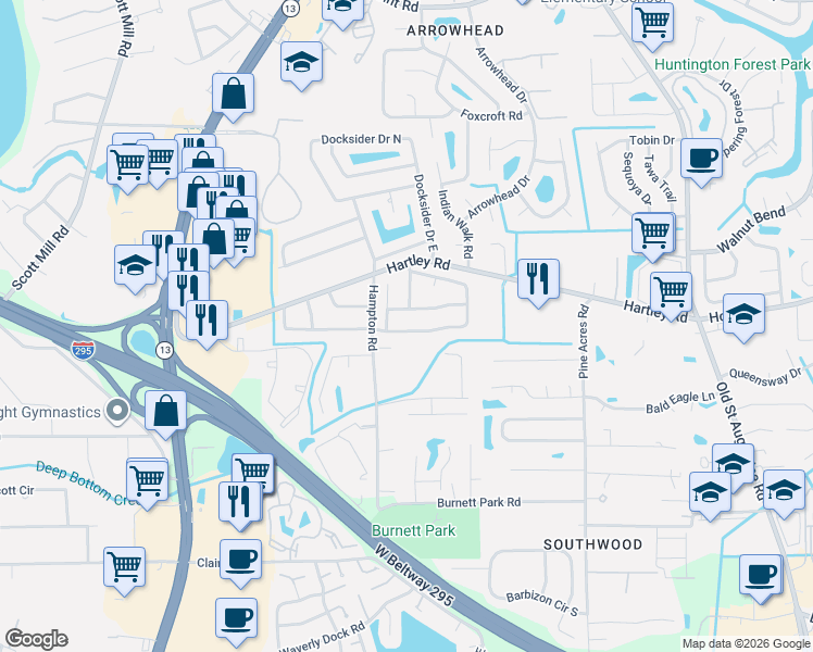map of restaurants, bars, coffee shops, grocery stores, and more near 3538 Ballestero Drive South in Jacksonville