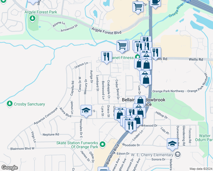 map of restaurants, bars, coffee shops, grocery stores, and more near 465 Crabapple Court in Orange Park
