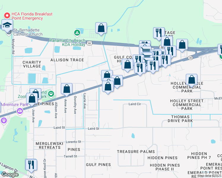 map of restaurants, bars, coffee shops, grocery stores, and more near Unnamed Road in Panama City Beach
