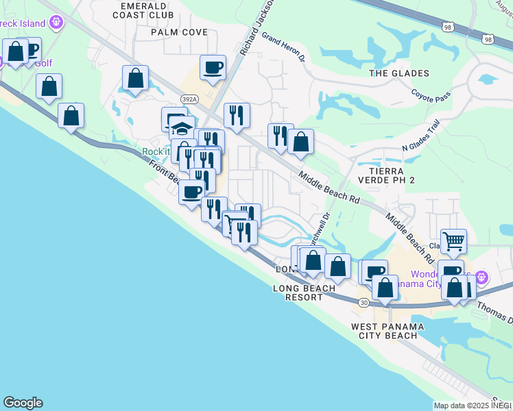 map of restaurants, bars, coffee shops, grocery stores, and more near 141 Gulf Highlands Boulevard in Panama City Beach