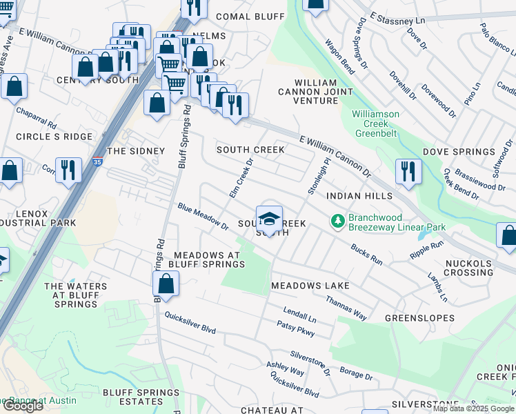 map of restaurants, bars, coffee shops, grocery stores, and more near 2111 Deer Run Drive in Austin