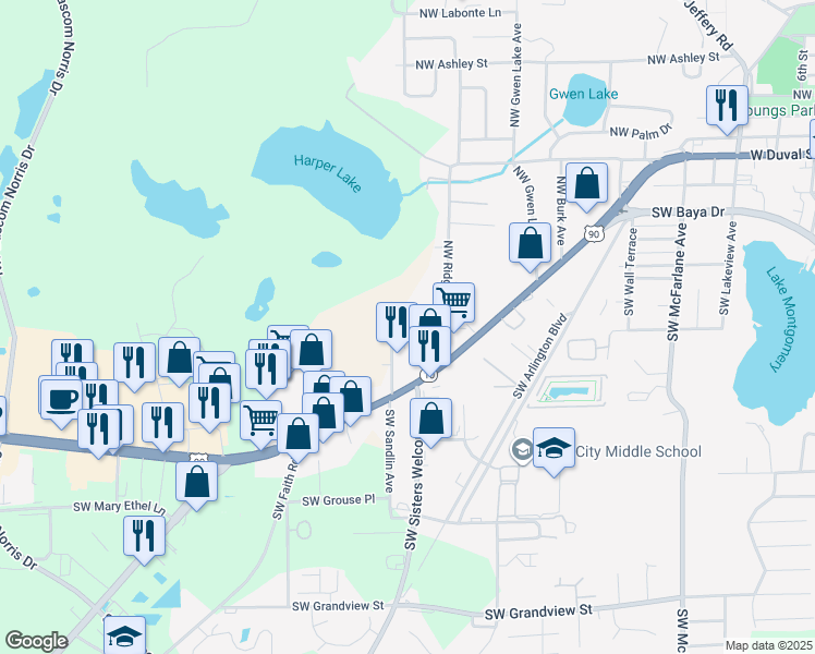 map of restaurants, bars, coffee shops, grocery stores, and more near 1449 Northwest Wayne Place in Lake City