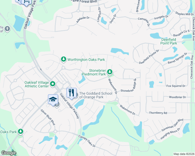 map of restaurants, bars, coffee shops, grocery stores, and more near 3093 Williamsburg Court in Orange Park