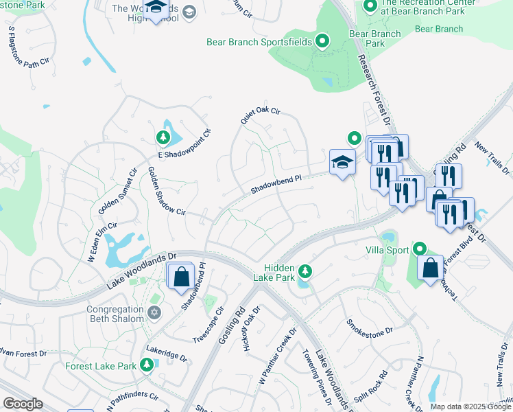 map of restaurants, bars, coffee shops, grocery stores, and more near 41 Tanager Trail in Spring