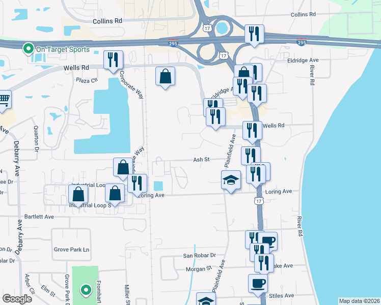 map of restaurants, bars, coffee shops, grocery stores, and more near 700 Ash Street in Orange Park