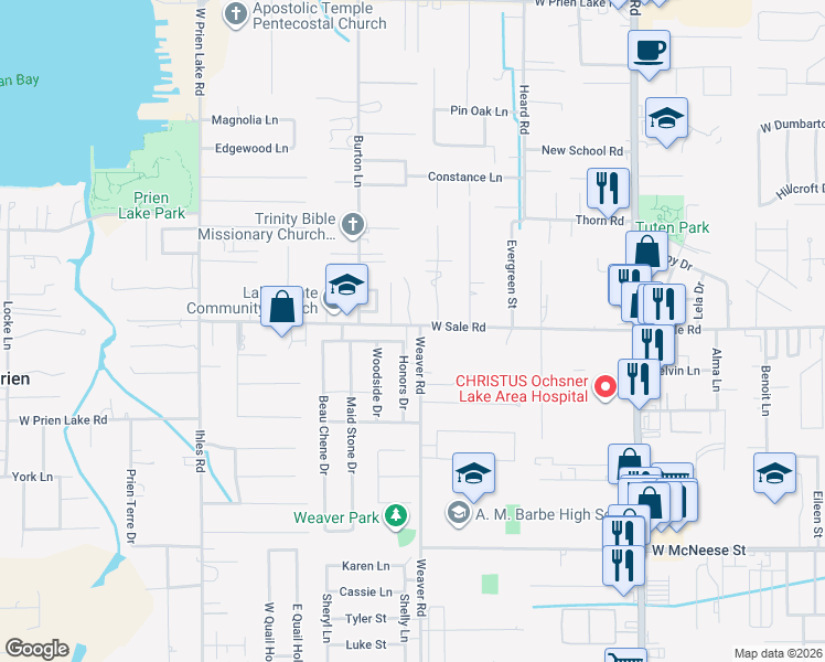 map of restaurants, bars, coffee shops, grocery stores, and more near 4102 Weaver Road in Lake Charles