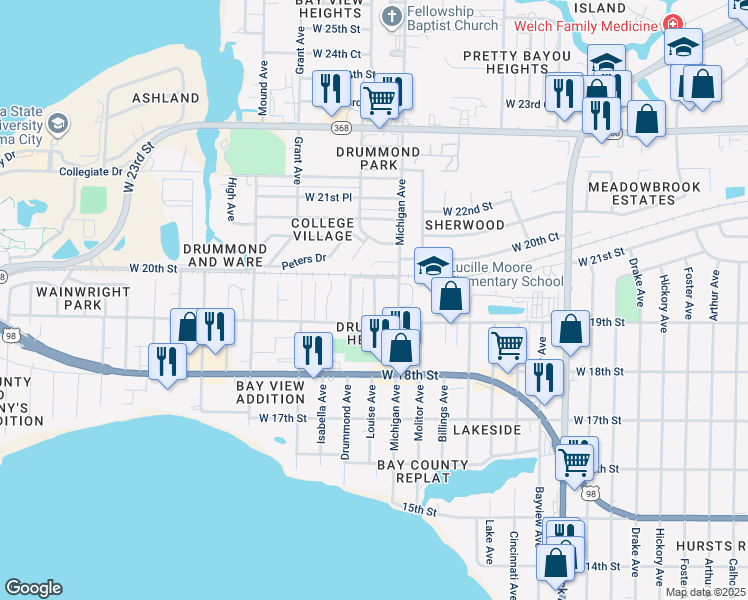map of restaurants, bars, coffee shops, grocery stores, and more near 1906 Louise Avenue in Panama City