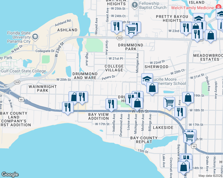 map of restaurants, bars, coffee shops, grocery stores, and more near 3904 West 19th Street in Panama City