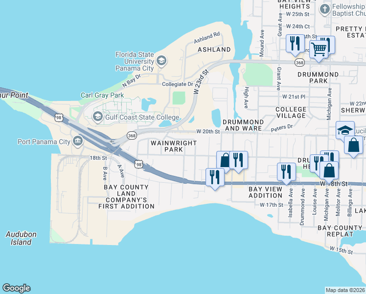 map of restaurants, bars, coffee shops, grocery stores, and more near 1900 Wainwright Avenue in Panama City