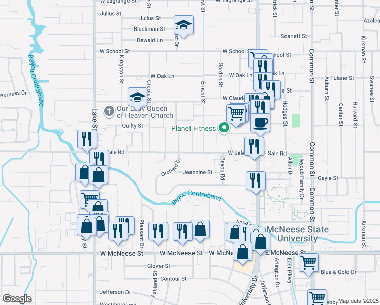 map of restaurants, bars, coffee shops, grocery stores, and more near 624 Orchard Dr in Lake Charles