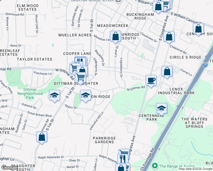 map of restaurants, bars, coffee shops, grocery stores, and more near 406 West Dittmar Road in Austin