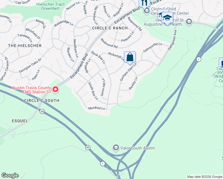 map of restaurants, bars, coffee shops, grocery stores, and more near 5827 Back Bay Lane in Austin
