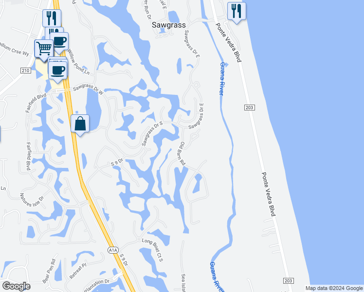 map of restaurants, bars, coffee shops, grocery stores, and more near 2100 Old Barn Road in Ponte Vedra Beach