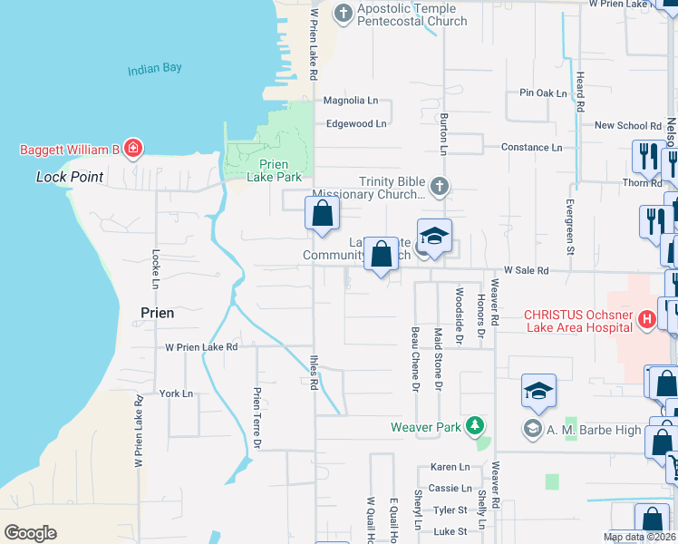 map of restaurants, bars, coffee shops, grocery stores, and more near 4117 Prien Court Drive in Lake Charles
