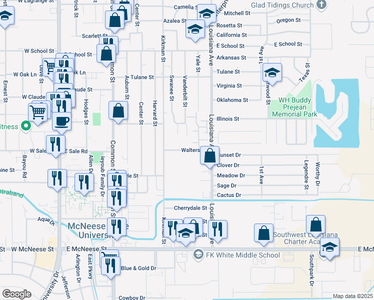 map of restaurants, bars, coffee shops, grocery stores, and more near 866 Walters Street in Lake Charles