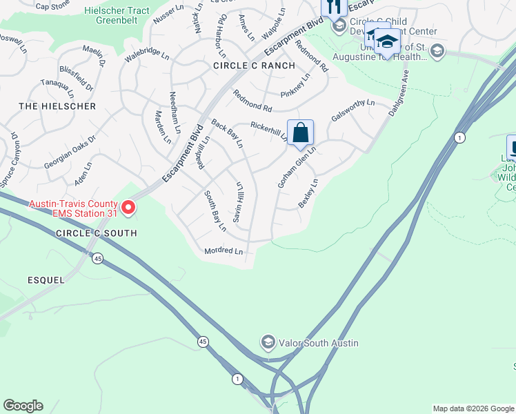 map of restaurants, bars, coffee shops, grocery stores, and more near 5827 Back Bay Lane in Austin