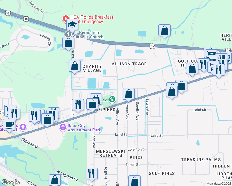 map of restaurants, bars, coffee shops, grocery stores, and more near 1907 Allison Avenue in Panama City Beach