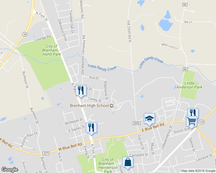 map of restaurants, bars, coffee shops, grocery stores, and more near 1800 Stephanie Street in Brenham