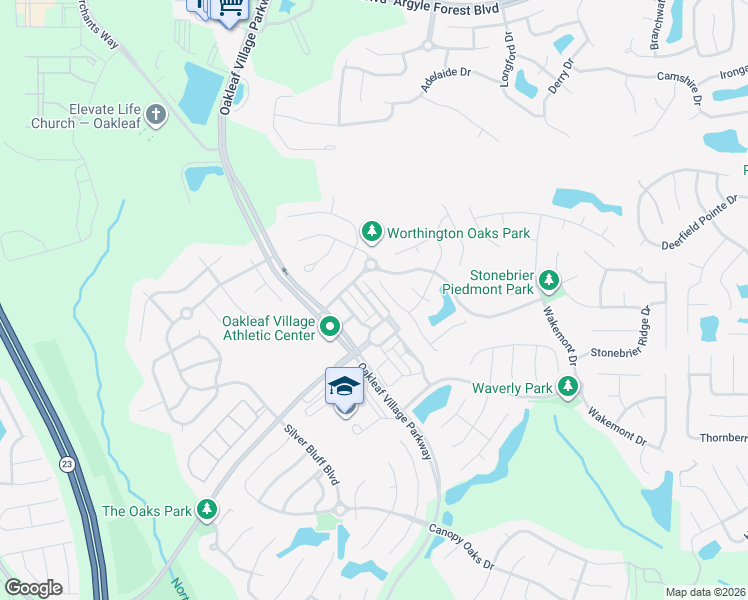 map of restaurants, bars, coffee shops, grocery stores, and more near 3400 Biltmore Way in Orange Park