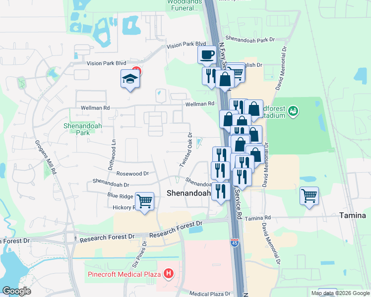 map of restaurants, bars, coffee shops, grocery stores, and more near 28930 Twisted Oak Drive in Shenandoah
