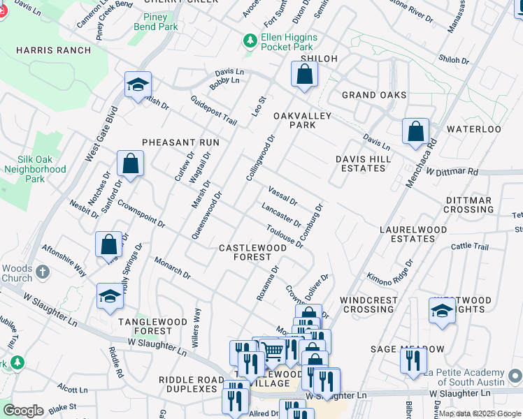 map of restaurants, bars, coffee shops, grocery stores, and more near 2402 Toulouse Drive in Austin