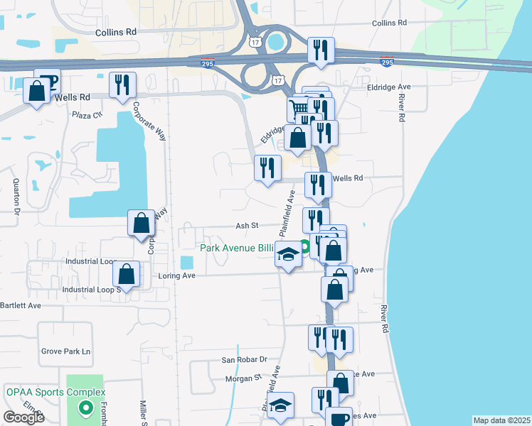 map of restaurants, bars, coffee shops, grocery stores, and more near 525 Ash Street in Orange Park