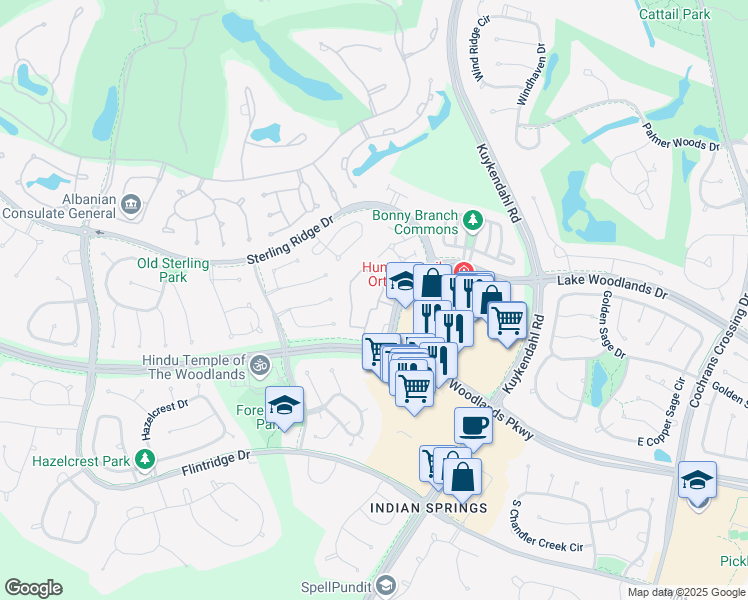 map of restaurants, bars, coffee shops, grocery stores, and more near 6886 Woodlands Parkway in Spring