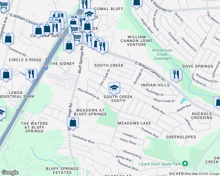 map of restaurants, bars, coffee shops, grocery stores, and more near 2111 Deer Run Drive in Austin