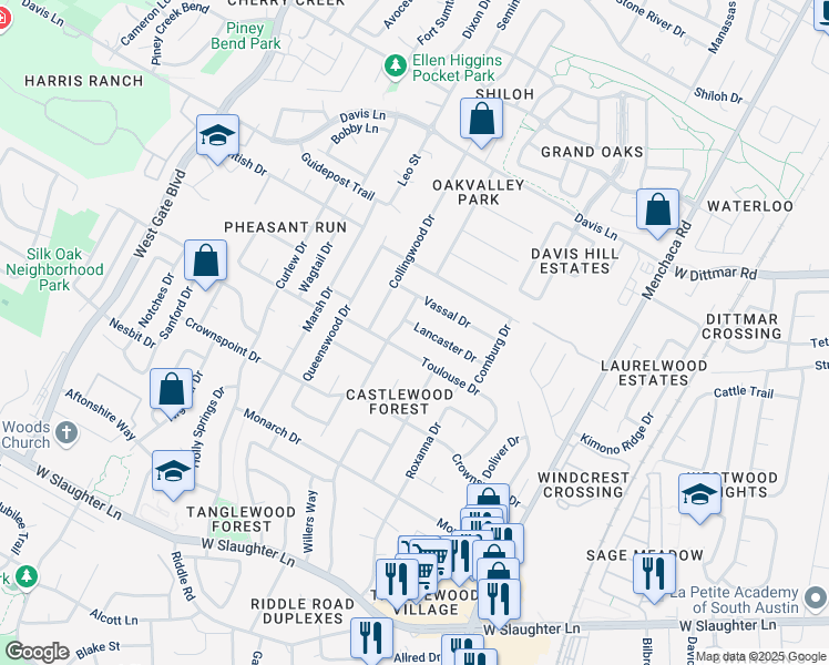 map of restaurants, bars, coffee shops, grocery stores, and more near 2402 Toulouse Drive in Austin