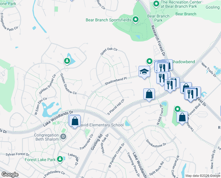 map of restaurants, bars, coffee shops, grocery stores, and more near 7 Robin Springs Place in Spring