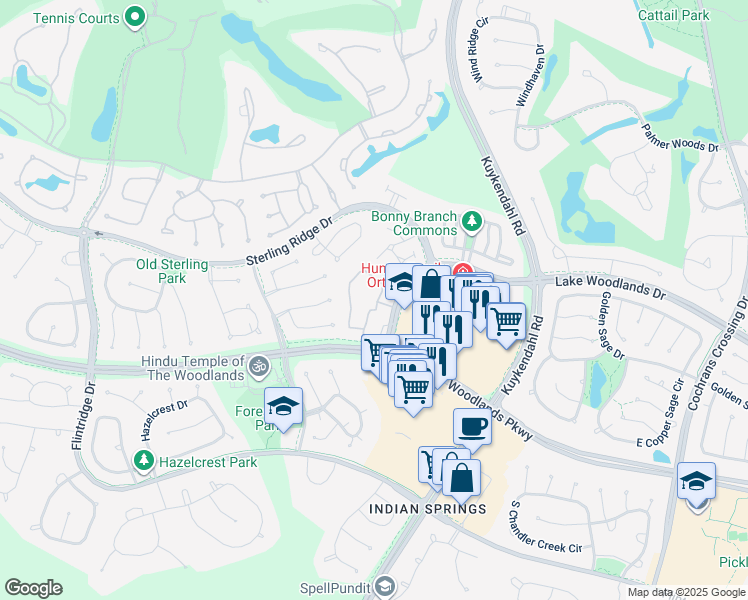 map of restaurants, bars, coffee shops, grocery stores, and more near 6886 Woodlands Parkway in Spring