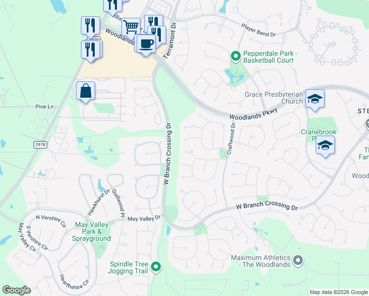 map of restaurants, bars, coffee shops, grocery stores, and more near 27 Regan Court in Spring