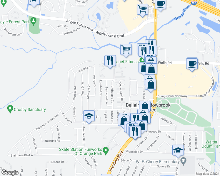 map of restaurants, bars, coffee shops, grocery stores, and more near 460 Crabapple Court in Orange Park