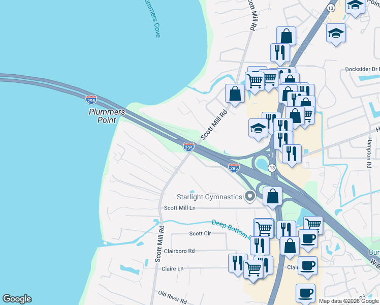 map of restaurants, bars, coffee shops, grocery stores, and more near Scott Mill Rd & Plummer Cove Rd in Jacksonville