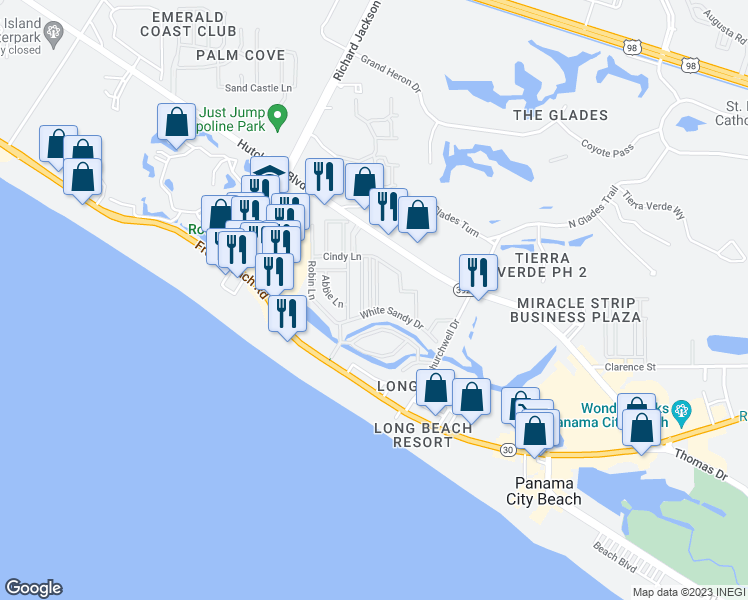map of restaurants, bars, coffee shops, grocery stores, and more near 114 Linda Marie Lane in Panama City Beach